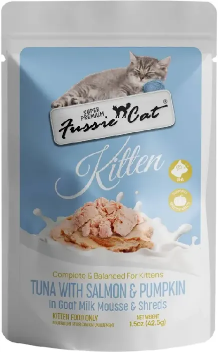 Fussie Cat Kitten Pouch Tuna & Salmon With Pumpkin In Goat Milk Mousse 1.5oz Cs12 (new)
