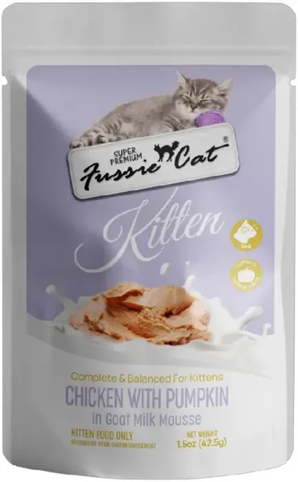 Fussie Cat Kitten Pouch Chicken With Pumpkin In Goat Milk Mousse & Shreds 1.5oz Cs12 (new)